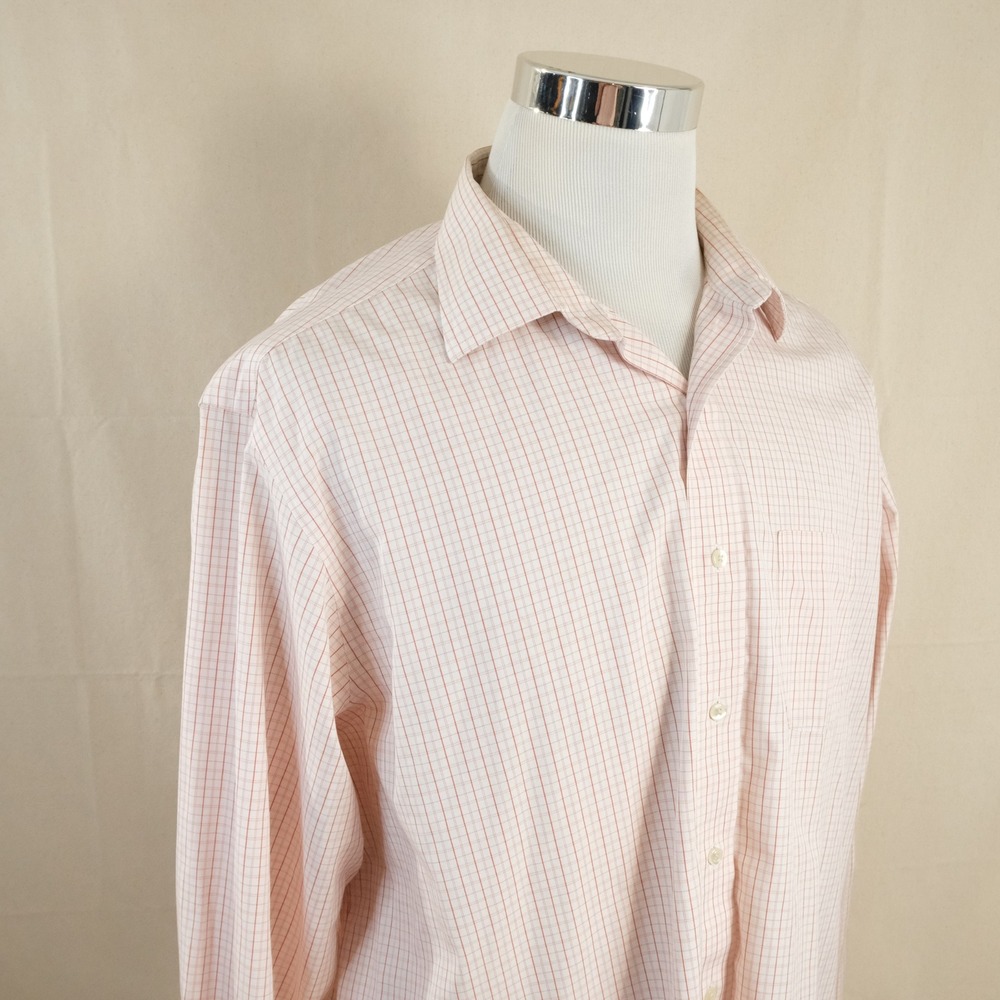 Brooks Brothers 17.5 37 Madison Dress Shirt Orange Check Non-Iron Cotton Blend
